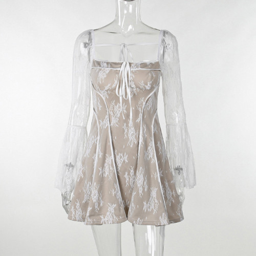 Slim Fit Lace Flare Long Sleeve Lace Strap A-Swing Dress