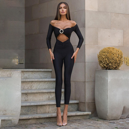 Long sleeved off shoulder hollowed out slim fitting spicy girl jumpsuit