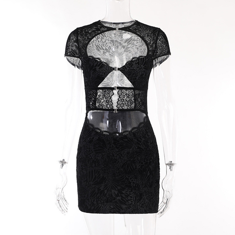 Fashionable flocked lace cut out dress