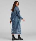 Women's tattered long sleeved denim trench coat cardigan denim cape