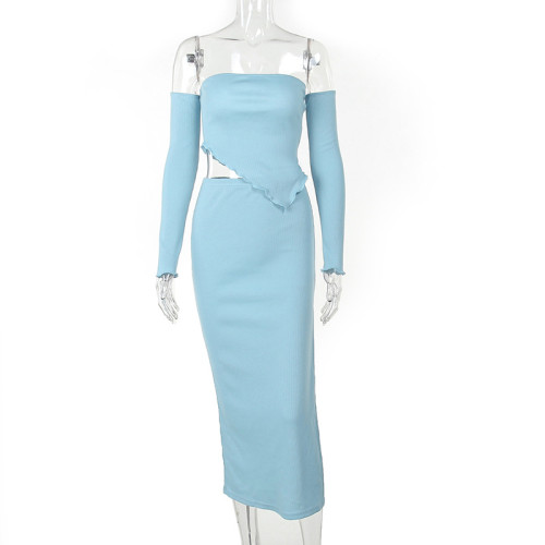 Bra irregular hem top temperament sexy split half skirt set