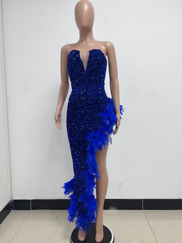 Chestless open back sequin dress with feather stitching dress