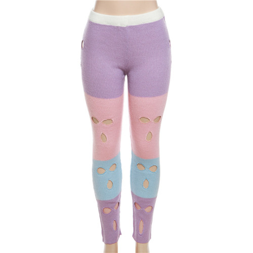 Women's New Sexy Hollow out Contrast Knitted High Waist Straight Leg Casual Pants