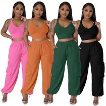 Sexy sleeveless vest pocket wide leg pants casual women's two-piece set