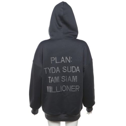 Hooded Letter Hot Diamond Street Trendy Loose Mid length Sweater