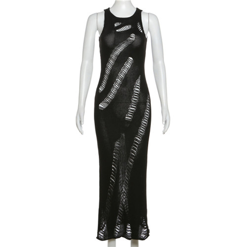 Sexy Sleeveless Knitted Perforated Round Neck High Waist Slim Fit Long Dress