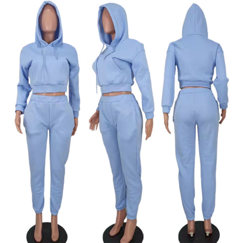 Fashion Thin Fleece Solid Sport Two Piece Set