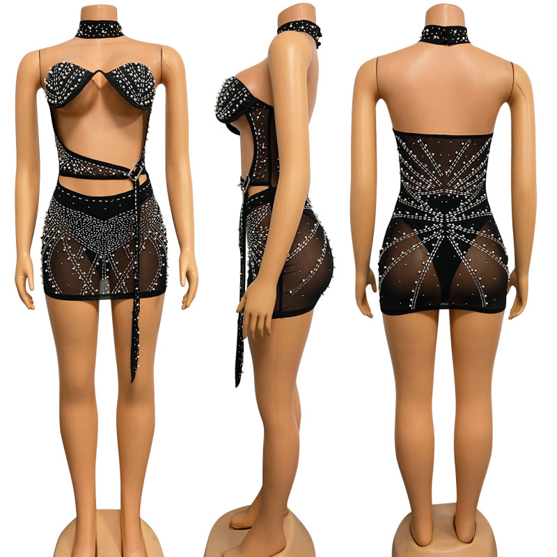 Women's Sexy Mesh Hot Diamond Sleeveless Perspective Dress Three Piece Set