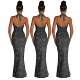 Swinging neck lace up low fishtail sexy long dress