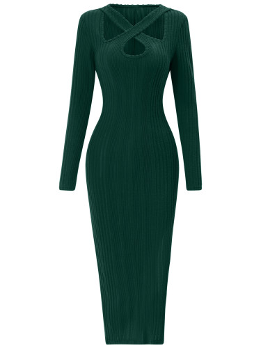 Hanging Neck Long Sleeve Split Solid Color Dress
