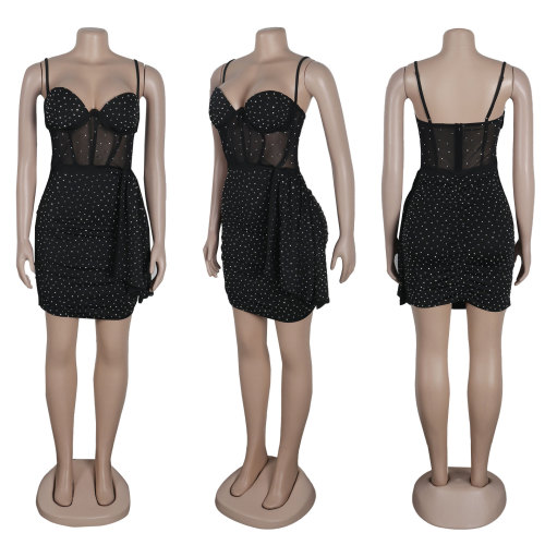 Hot Diamond Spliced Strap Fold Wrap Hip Lace Dress