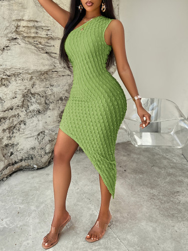 Slant Neck Solid Fit Wrap Hip Dress