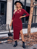 Hanging Neck Long Sleeve Split Solid Color Dress