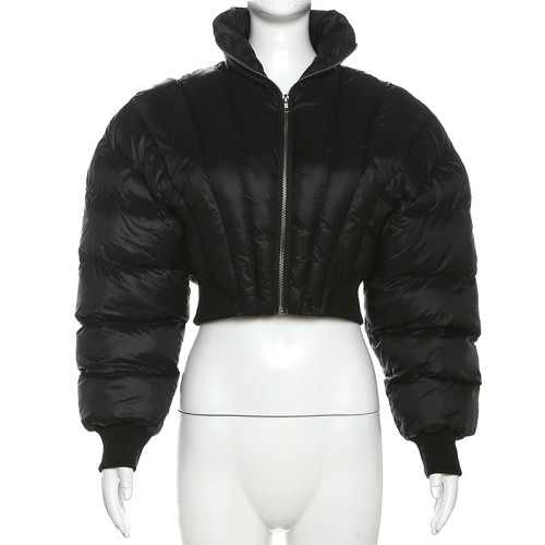 Slim fitting short standing collar street pat cotton jacket top