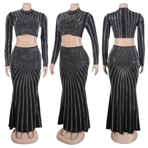 Hot Diamond Wrap Hip Tight Elastic Long Sleeve Fishtail Skirt Set