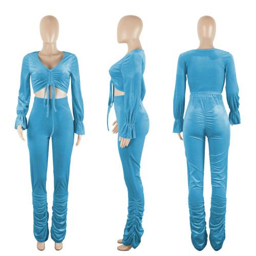 Flare sleeve pleated pile pants sexy set