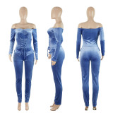 Velvet Off Shoulder Chicken Eyes Strap Slim Fit Jumpsuit