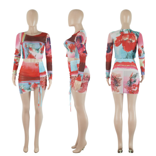 Mesh positioning printed open navel pleated sexy half skirt set