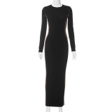 Contrast Round Neck Long Sleeve Split Dress Long Dress