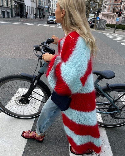 Contrast Stripe Lazy Sweater Long Coat