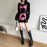 Women's solid color loose fitting street fashion V-neck printed long sleeved sweater