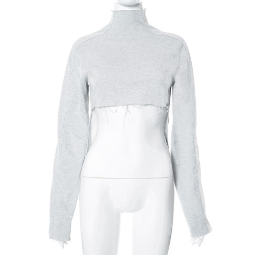 Long sleeved open navel high neck irregular T-shirt top