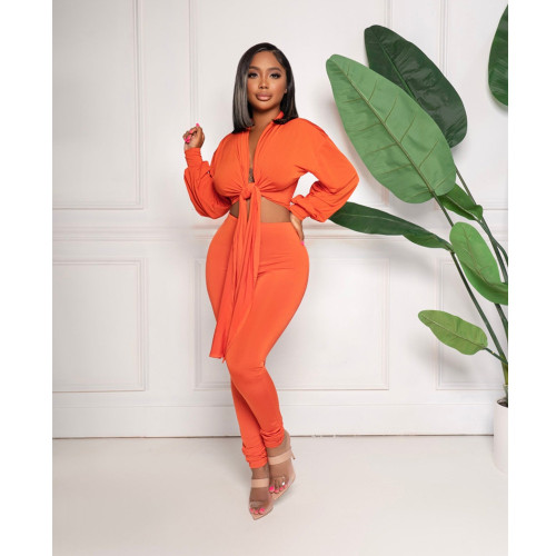 Solid sexy lace up long sleeved set