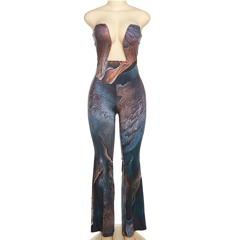Chest bare back abstract printed high waisted long jumpsuit