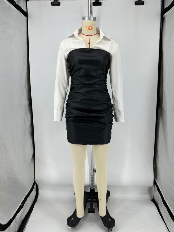 Shirt patchwork leather skirt with pleated fake two piece punk style dress