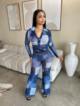 Imitation denim printed commuting casual two-piece set