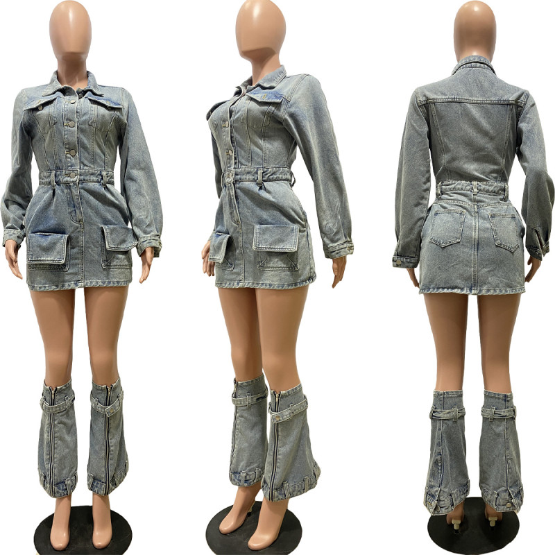 Feminine Multi Pocket Washed Denim Dress Three Piece Set (including hem)