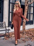 Casual V-neck Solid Twisted Waist Long Sleeve Dress
