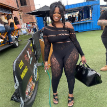 Hollow knit jacquard high waisted tight long sleeved jumpsuit