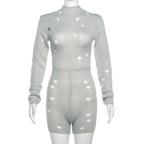 Hollow and perforated knitted high waisted tight wrap buttocks long sleeved jumpsuit