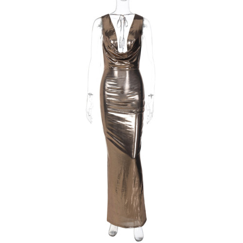 American Ice Silk Solid V-Neck Open Back Slim Fit Mid length Dress