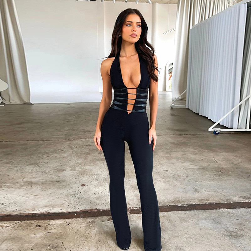 Women's jumpsuit fashion spicy girl hollow out slim fitting deep V sexy open back jumpsuit