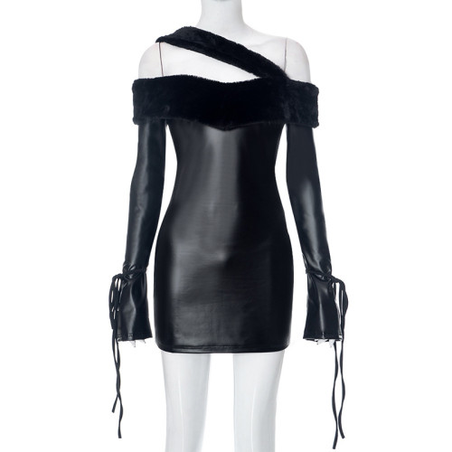 Women's fashion fur edge bra patchwork PU leather buttocks dress