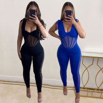 Solid color perspective elastic tight fitting buttocks jumpsuit