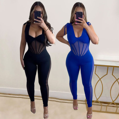 Solid color perspective elastic tight fitting buttocks jumpsuit