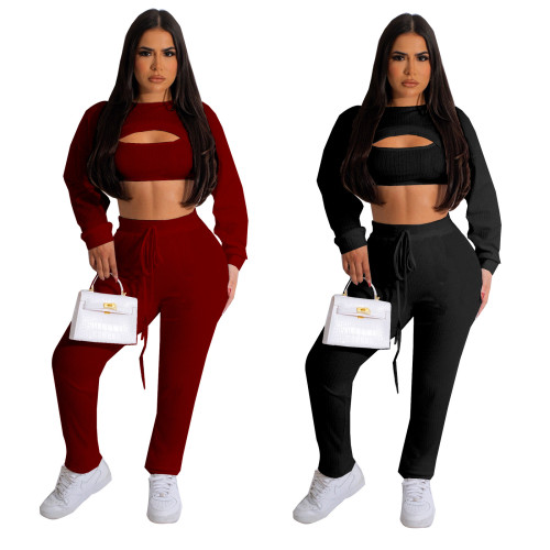 Solid Color Super Bullet Pit Stripe Long Sleeve Tank Top Long Pants Set Three Piece Set