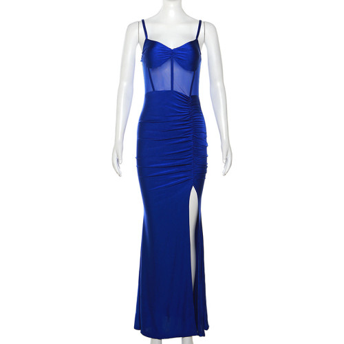 Dress Strap Open Back Sexy Spliced Pleated Slim Dress