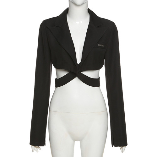 Lapel single breasted waistband short slim jacket