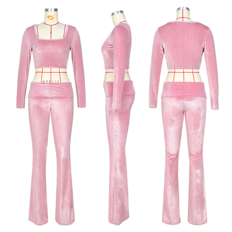 Square neck top with rolled waist and low waist flared pants set