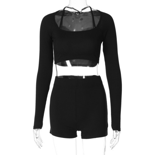 Women's knitted thread high elastic back exercise and fitness two-piece set