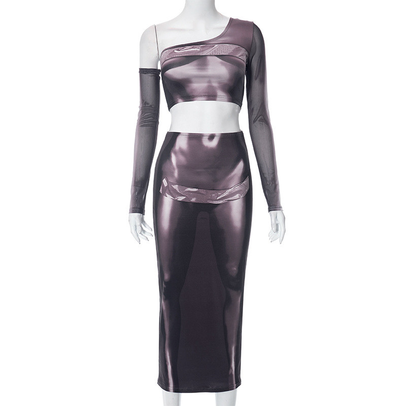 3D printed diagonal shoulder top long sleeved mid length skirt set