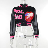 Long sleeved patchwork letter printed short jacket jacket jacket