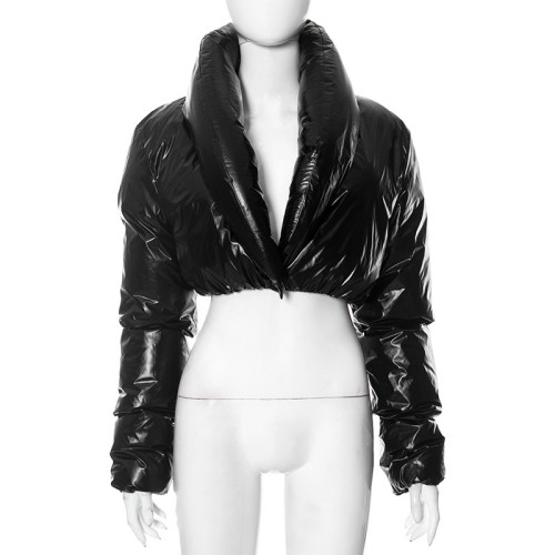 PU leather high collar button button long sleeved short cut cotton shirt with exposed navel