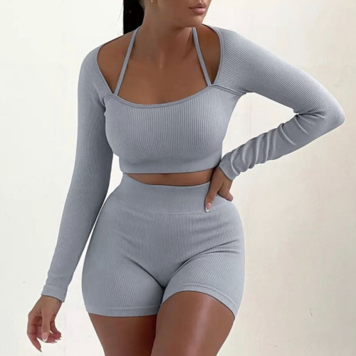 Women's knitted thread high elastic back exercise and fitness two-piece set