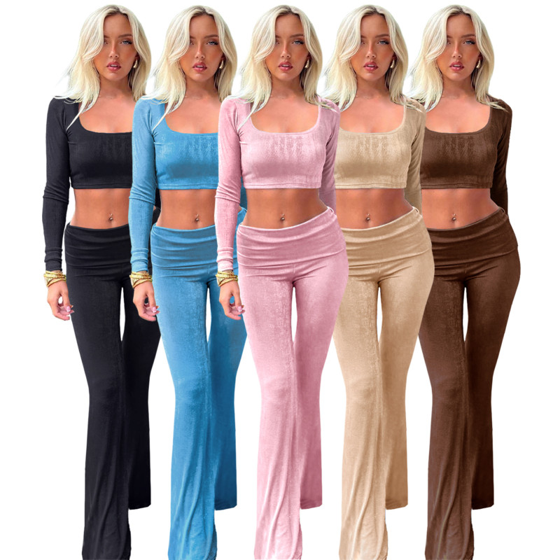 Square neck top with rolled waist and low waist flared pants set