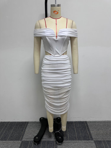 Mesh Splice Wrap Hip Perspective Elastic One Shoulder Two Piece Set